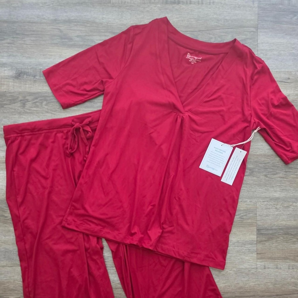 Pajamagram Ruby Red Soft 2-Piece Lounge Set V-Neck Wide Leg Pajamas Womens Med